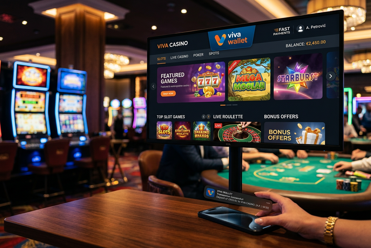 Luxury online casino interface with Viva Wallet logo