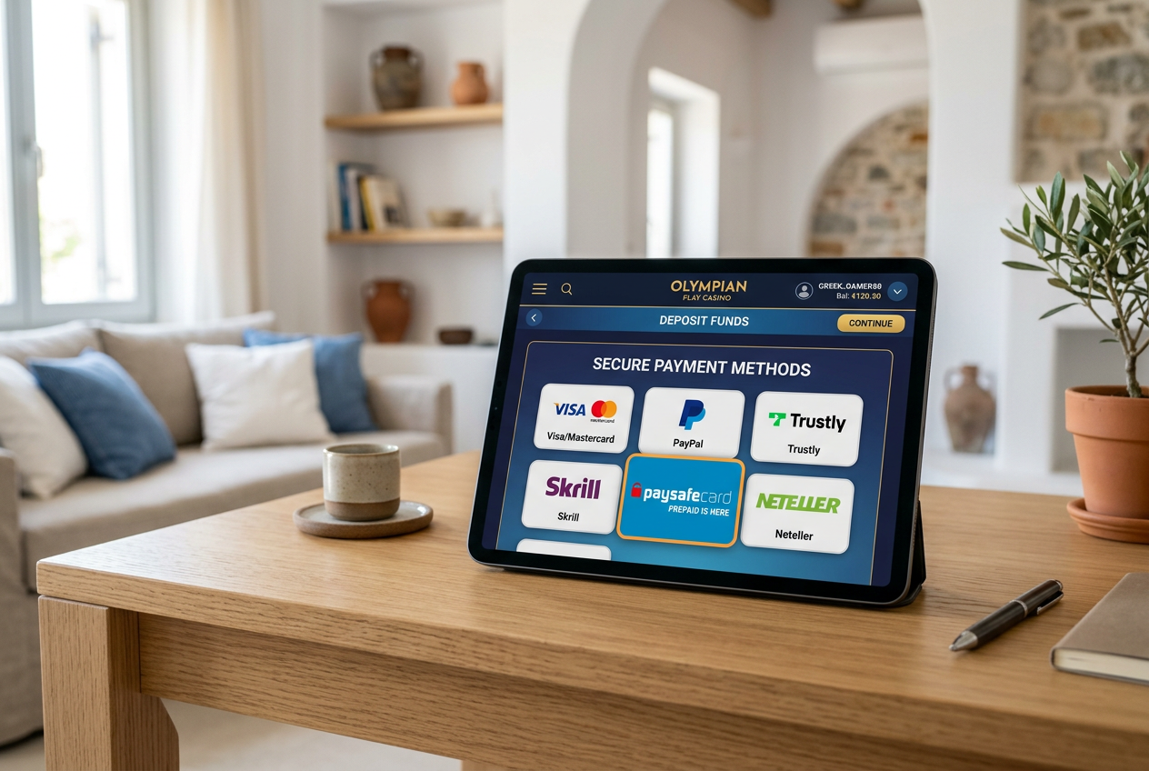 A modern tablet displaying an online casino payment screen with the Paysafecard logo.