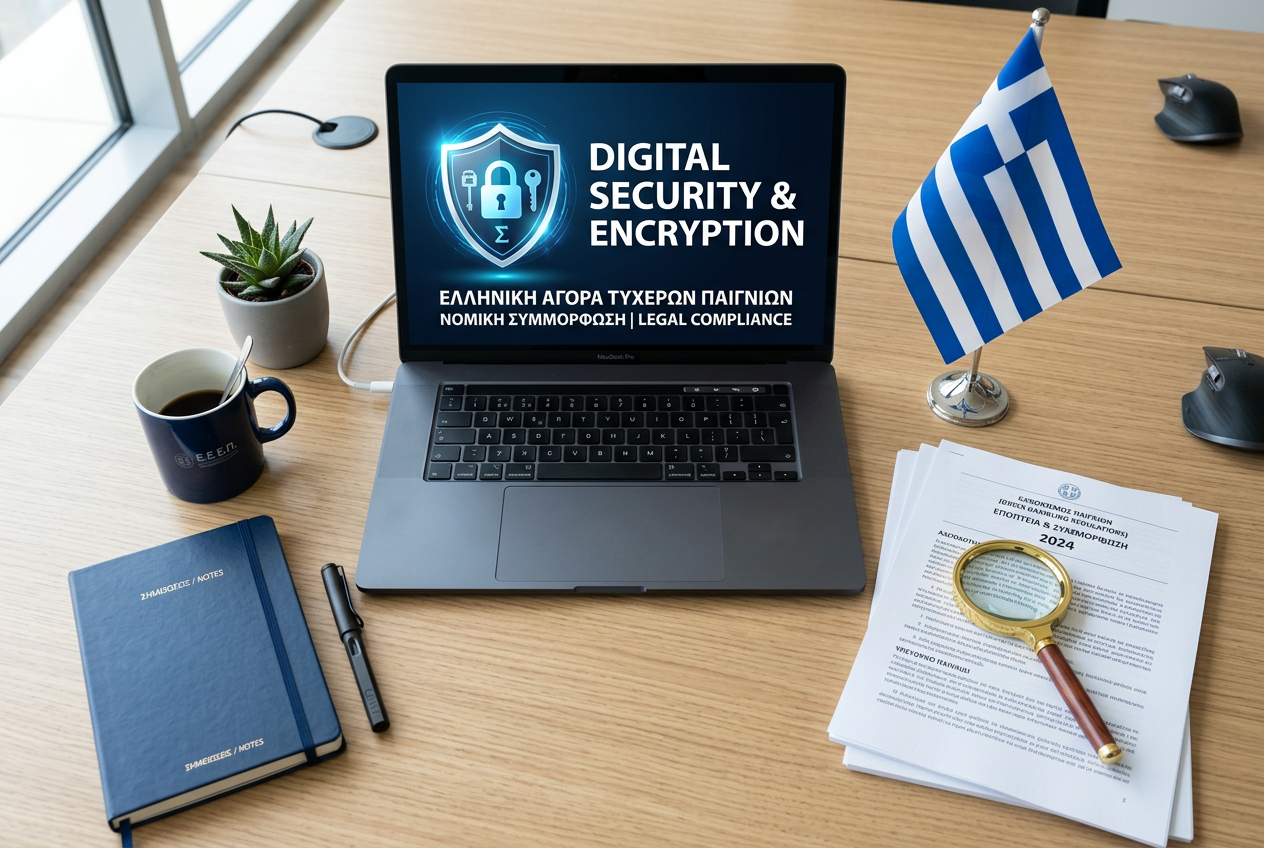 Digital security icons and a Greek flag representing gaming compliance and safety.